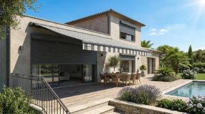 Maison protégée de la chaleur estivale par volets roulants et store banne