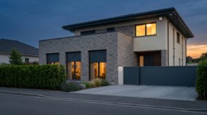 Maison contemporaine au crépuscule avec volets roulants motorisés, portail fermé et alarme connectée dans le Val d'Oise