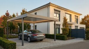 Carport aluminium anthracite à toit plat installé devant une maison contemporaine dans le Val d'Oise