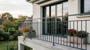 Garde-corps aluminium anthracite à barreaux verticaux sur le balcon d'une maison contemporaine dans le Val d'Oise