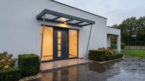 Marquise aluminium anthracite à toit vitré au-dessus d'une porte d'entrée de maison contemporaine dans le Val d'Oise