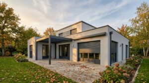 Maison contemporaine avec volets roulants, store banne rentré et pergola fermée avant l'hiver dans le Val d'Oise